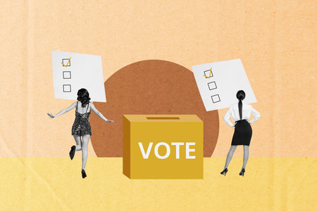 Full 3d trendy magazine photo collage of happy girl guy stand election box paper sheet ballot citizen choice president decisionの写真素材