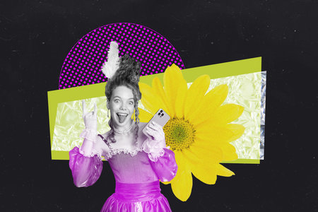 Composite creative art collage of happy duchess girl show rock roll gesture phone chrysanthemum...