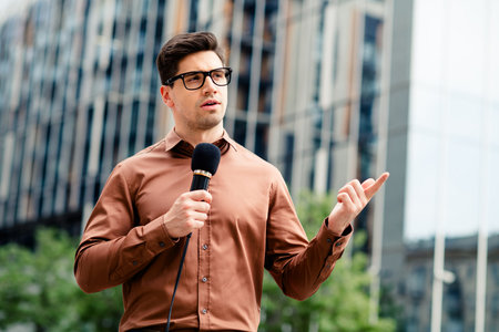 Professional man delivering a speech outdoors in a modern urban business setting embodying confidenceの写真素材