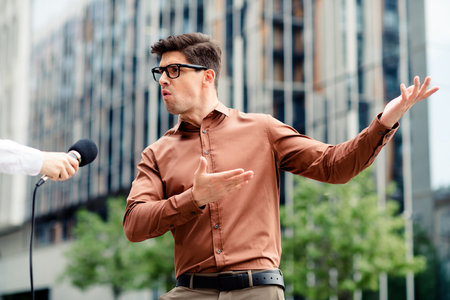 Confident young businessman speaking with gestures outdoors in a modern city setting, showcasing professional energyの写真素材