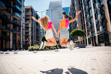 Two young friends jump in the city street during a sunny summer day showing friendship fashion joy and energy in urban lifeの写真素材