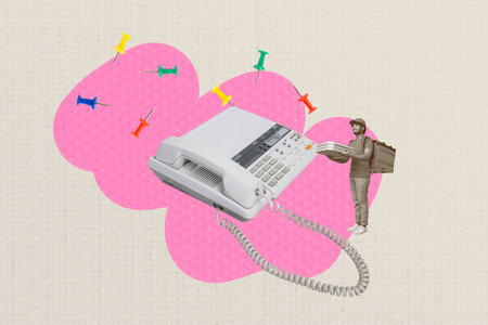 Zine banner full photo collage of happy deliver man hold pizza box rucksack fast shipment telephone...