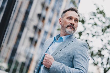 Confident businessman in a light blue suit walks through a modern city street showing professional elegance and urban styleの写真素材