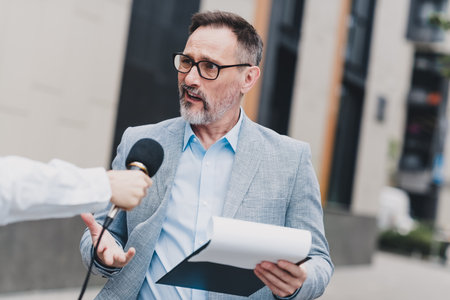 On a busy city street a confident mature businessman speaks to a reporter while holding documentsの写真素材