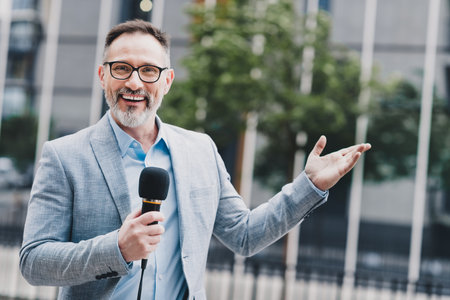 Confident businessman speaks on a city street with microphone presenting a modern professional image in a stylish gray suitの写真素材
