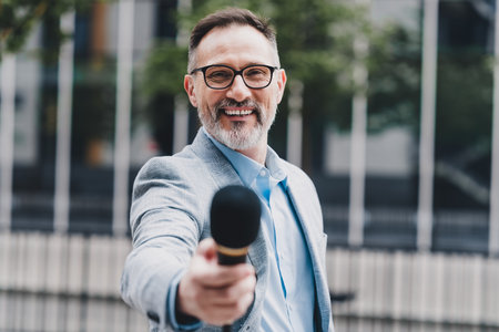 Confident modern businessman in city wears suit and smiles while offering microphone during outdoor interview in urban street sceneの写真素材