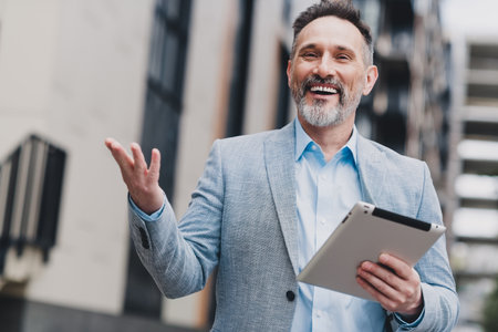 Confident businessman in a modern city wears a light blue suit and smiles while holding a tablet outside a sleek office building during a busy dayの写真素材