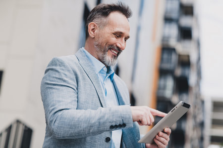 Professional businessman in a modern suit uses a tablet on a busy city street smiling as he works and exudes confidence in an urban contemporary settingの写真素材