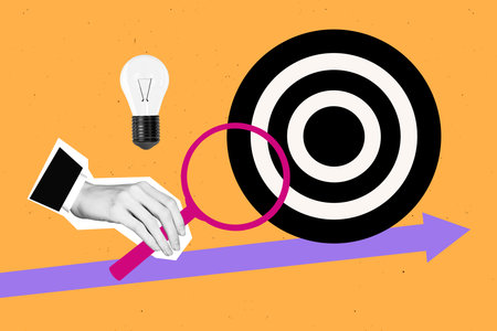 Sketch image trend artwork photo collage of success winner score goal competition round arrow way direction idea hand hold magnifier glassの写真素材