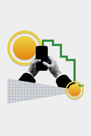 Vertical image artwork pop trend collage of human hands hold phoneの写真素材