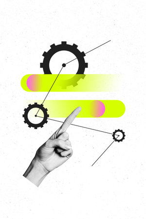 Banner vertical 3d trendy photo collage of business hand hold turn switch on power development...