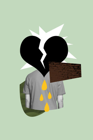 Vertical 3d trend artwork collage of monochrome young man sad face sit think mess doodle broken heart lose love stressの写真素材