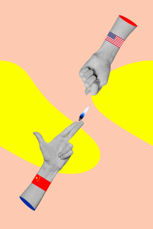 Trend artwork banner sketch 3D photo collage of hand gesture shooting fire fig gesture economy crisis trade war market earningsの写真素材