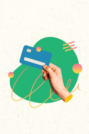 3d sketch image poster collage of hand hold credit card deposit money income dollar currency payment cashless fiance profitの写真素材