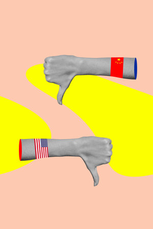 Creative artwork template sketch 3D collage of hand gesture thumb down crisis usa china partnership...