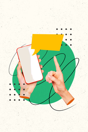 3d sketch image poster collage of human hand point index finger phone bubble notification messenger app social media cloudの写真素材