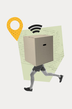 Creative design composite trend artwork collage of carton package box man body legs run location way sell client purchase post deliveryの写真素材