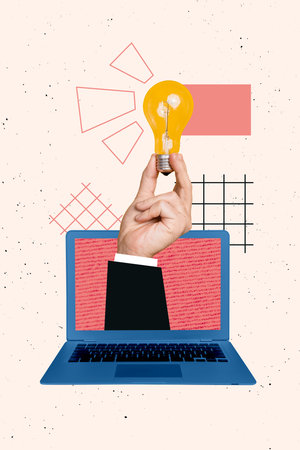 Sketch banner vertical photo collage of human hand hold light bulb freelancer blackout peek laptop device illumination ideaの写真素材