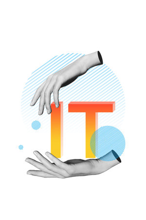 Photo banner 3d image trendy poster collage of human hand hold letter cyberspace innovation technology programming appの写真素材