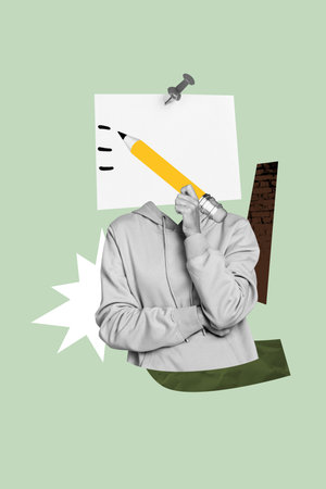 Vertical photo banner image collage of anonym girl instead head sticker memo question mark business idea strategy notice boardの写真素材