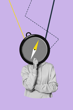 Vertical banner image collage of anonym girl with compass instead of head travel destination lost map hiking summer vacationの写真素材