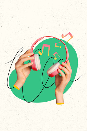 Vertical 3d image trendy banner collage of human hands hold headphones audio playlist radio track entertainment hobby melodyの写真素材