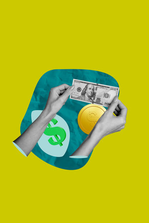 Vertical pop image banner collage of human hand hold dollar banknote percent statistics progress...
