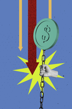 Banner 3d image artwork pop trend collage of human hand hold dollar coin inflation collapse metal chain trap economy problemの写真素材