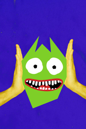 Creative trend artwork design collage sketch of two hand hold funny charachter green color body eyes lips smile teeth emotion smiley faceの写真素材