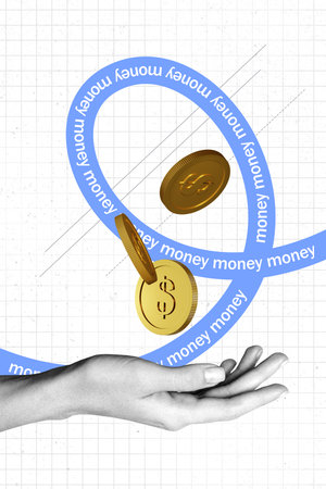 Image banner compositve collage of market income budget dollars economy hand hold pile coins success trader business graphicsの写真素材