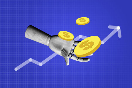 Full banner trendy magazine photo collage of hand show human palm coin dollar income capital success arrow development statisticsの写真素材