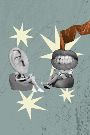 Trendy art vertical 3d photo collage of two anonym headless man girl ear mouth gossip tattle conversation discussion murmurの写真素材