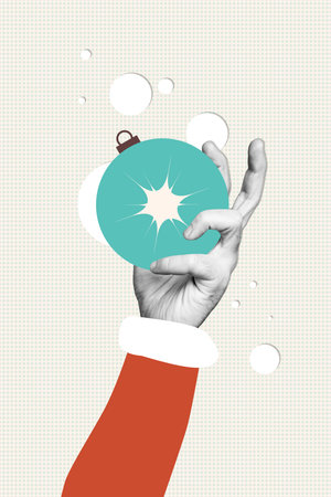 Sketch template design photo collage of december holiday winter year theme holiday huge hand hold ball bauble decoration merry xmas posterの写真素材