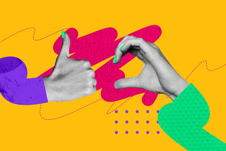 Collage design trend artwork sketch of hand showing sign body language symbol gesture heart feelings soulmate romantic date relationshipsの写真素材