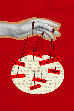 Sketch image zine artwork pop trend collage of human hand hold letters control puppeteer obey recoursesの写真素材