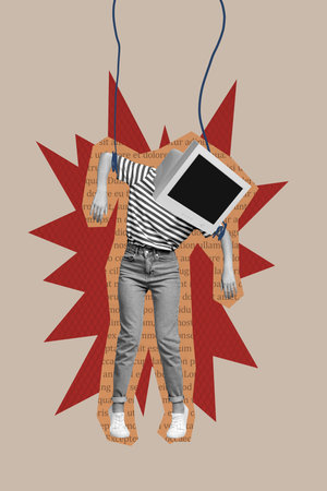 Sketch image artwork composite 3D photo collage of computer user head woman body hang broken pose motion control ropeの写真素材
