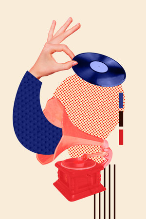 Vertical 3d trendy image collage of human hand peek vinyl disk gramophone music occasion celebration party weekend chillの写真素材