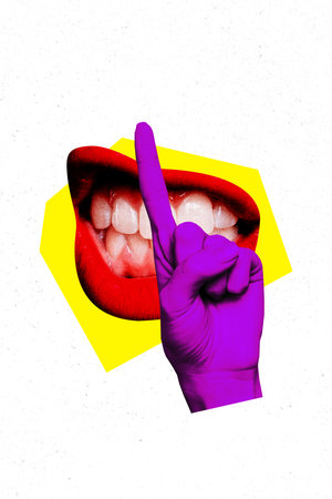 Trend composite banner artwork 3d photo collage of human hand show shh gesture whispering mouth grimace conceptの写真素材