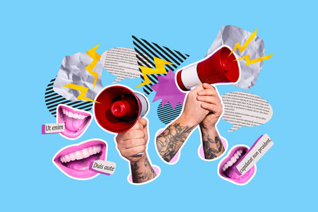 Image trendy art banner collage of human hands hold megaphone promote tension mouth demonstration lightning riotの写真素材