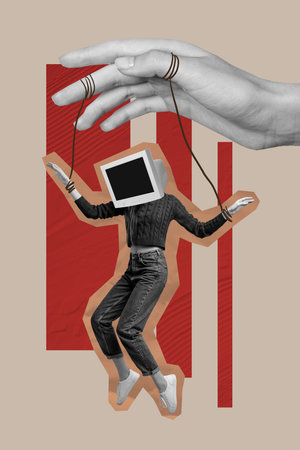 Creative artwork design 3D collage sketch of hand hold rope puppet employer domination computer head body fly handcuffsの写真素材