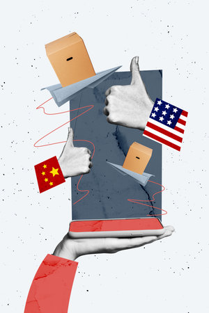 Composite sketch design artwork 3D collage of human resources budget earnings finance investment thumb like gesture paper plane carry boxの写真素材