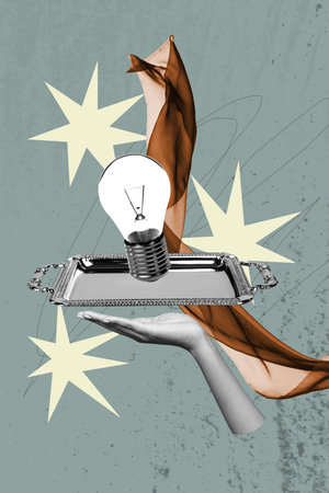 Poster image vertical photo collage of human hand show tray light bulb power development electricity...