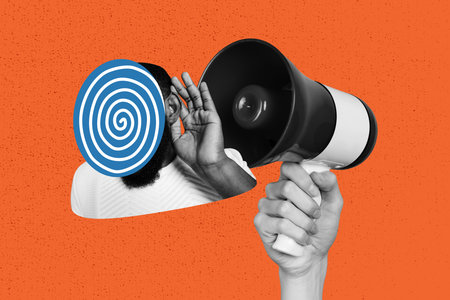 Exclusive image full photo collage of man listen hand hold megaphone iconの写真素材