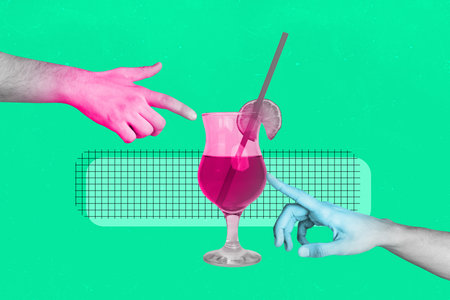 Sketch image trend artwork 3D photo collage of party rest night occasion nightclub hand gesture finger point glass celebrate drink fridayの写真素材