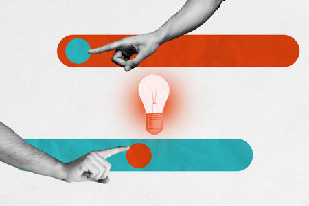 Composite 3D photo collage design trend sketch of hand gesture finger point showing idea bulb puzzle mind eureka solution startup sliderの写真素材