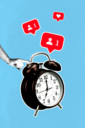 Art 3d poster trend collage image of human hand point alarm clock blogging like reaction social media notification icon ringの写真素材