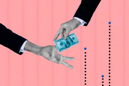 Exclusive zine art pop trend collage of human hand hold dollar banknote payment market finance income capitalの写真素材