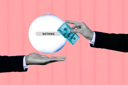 Banner sketch art trend collage of human hands hold dollar banknote share help bankrupt usd profit finance currencyの写真素材