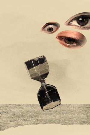 Zine art sketch image photo collage of human eyeball stare sand hourglass limit expire all-seeing eyesightの写真素材