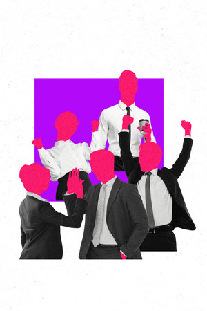 Artwork sketch 3d image banner collage of faceless business people girls guys handshake gesture approval deal developmentの写真素材